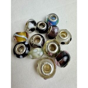 Lot 12 Lampwork Glass Beads European Charm Bracelet w 925 Sterling Silver Rims